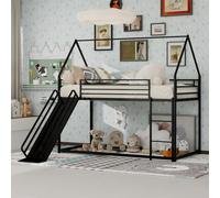 MODFU Lit superposé 90×200 Lit d'enfant avec design de maison de jeu et toboggan attaché,Cadre de lit en forme de maison Lit métallique avec cadre métallique solide sans matelas,Noir