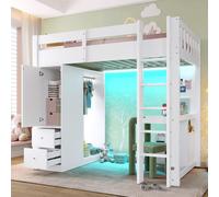 MODFU Lit superposé 90×200, lit junior sans matelas, cadre de lit avec quatre tiroirs, lit en bois avec bureau et armoire, avec LED et USB, Blanc