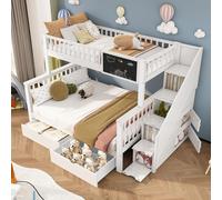 MODFU Lit superposé 90 x 200 cm et 140 x 200 cm - Lit avec rangement intégré et tableau noir, Sommier Inclus, Lit enfant, Blanc, Sans Matelas