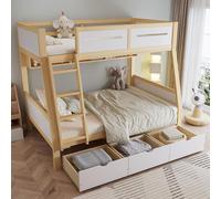 MODFU Lit Superposé 90x200/120x200 cm - Lit Enfant avec Bibliothèque et Tiroirs de Rangement - Sans Matelas - Bois Pin + MDF - Blanc et Naturel