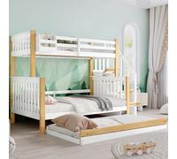 MODFU Lit Superposé 90x200 + 120x200 cm - Lit Enfant Avec Lit Gigogne 90x190 cm, Barrière et Escalier d’Angle - Sans Matelas - Pin + MDF - Blanc
