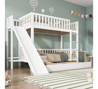 MODFU Lit Superposé 90x200/90x190 cm - Lit Enfant Avec Rangement, Escalier Et Lit Gigogne, Toboggan, Bois Sapin+MDF, Sans Matelas, Blanc