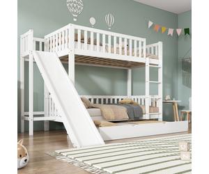 MODFU Lit Superposé 90x200/90x190 cm - Lit Enfant Avec Rangement, Escalier Et Lit Gigogne, Toboggan, Bois Sapin+MDF, Sans Matelas, Blanc