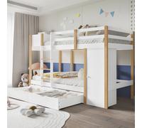MODFU Lit Superposé 90x200 cm - Lit Avec Rangement Intégré Pour Enfant, 2 Tiroirs Et 2 Casiers, Lit Combiné Bois Naturel, Sans Matelas, Blanc