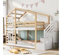 MODFU Lit superposé 90x200 cm - Lit cabane avec escalier de rangement - Sans matelas - Naturel