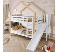 MODFU Lit Superposé 90x200 cm - Lit Cabane avec Toboggan et Échelle d’Angle, Cadre en Bois Massif et MDF, Sans Matelas, Blanc et Naturel