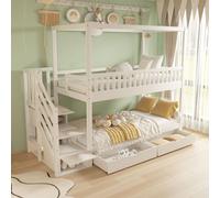 MODFU Lit Superposé 90x200 cm - Lit Cabane Enfant avec Rangement et Échelle Sécurisée - Bois Massif - Sans Matelas - Blanc
