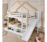 MODFU Lit Superposé 90x200 cm - Lit Cabane Enfant avec Toboggan, Barrière de Sécurité et 2 Tiroirs, Bois Massif et MDF, Sans Matelas, Blanc et Naturel