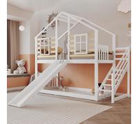 MODFU Lit Superposé 90x200 cm - Lit Cabane Enfant avec Toboggan, Échelle de Sécurité et Fenêtre, Bois Massif et MDF, Sans Matelas, Blanc