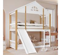 MODFU Lit Superposé 90x200 cm - Lit Cabane Enfant Avec Toboggan et Échelle d’Angle, Barrière de Sécurité - Sans Matelas - Pin + MDF - Blanc