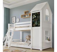MODFU Lit Superposé 90x200 cm - Lit Cabane Enfant avec Toit et Fenêtres, Escalier Incliné, Pin et MDF Blanc - Sans Matelas