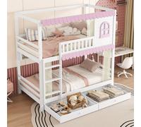 MODFU Lit Superposé 90x200 cm - Lit Cabane Superposé Enfant avec 2 Tiroirs de Rangement et Étagère Ouverte - Sans Matelas - Bois Pin + MDF - Blanc
