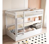 MODFU Lit Superposé 90x200 cm - Lit Coffre Enfant Avec Rangements Intégrés et Barrière, Bois de Pin, Sans Matelas, Blanc
