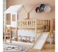 MODFU Lit Superposé 90x200 cm - Lit Combiné Avec Toboggan et Grille de Sécurité, Sans Matelas, Bois Naturel + Blanc