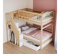 MODFU Lit Superposé 90x200 cm - Lit Double avec Rangement et Échelle Sécurisée, Pin Massif et MDF, Sans Matelas - Naturel