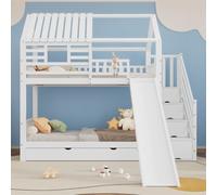 MODFU Lit Superposé 90x200 cm - Lit Enfant Avec Lit Gigogne, Toboggan Et Rangement, Lit Cabane Bois, Sans Matelas, Blanc