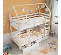 MODFU Lit superposé 90x200 cm - Lit enfant avec rangement intégré et sommier inclus, Lit cabane en bois, Design Pratique, Blanc + Bois