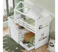 MODFU Lit Superposé 90x200 cm - Lit Enfant avec Tiroirs et Étagères - Sans Matelas - Bois Massif + MDF - Blanc