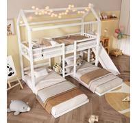 MODFU Lit Superposé 90x200 cm - Lit Enfant avec Toboggan, Échelle de Sécurité et Toit Cabane, Bois Pin MDF, Sans Matelas, Blanc