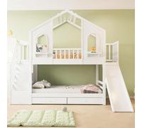 MODFU Lit Superposé 90x200 cm - Lit Enfant Avec Toboggan, Maison À Fenêtres Et Tiroirs, Échelle De Rangement, Bois, Sans Matelas, Blanc