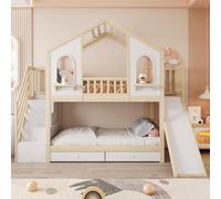 MODFU Lit Superposé 90x200 cm - Lit Enfant Avec Toboggan, Maison À Fenêtres, Tiroirs Et Échelle De Rangement, Bois, Sans Matelas, Naturel