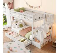 MODFU Lit Superposé 90x200 cm - Lit Enfant Combiné avec Étagère et Tiroirs - Bois Massif de Pin - Sans Matelas - Blanc