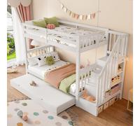 MODFU Lit Superposé 90x200 cm - Lit Enfant Combiné avec Lit Gigogne et Rangement - Bois Massif - Sans Matelas - Blanc