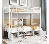 MODFU Lit Superposé 90x200 cm - Lit Enfant En Métal Avec Rangement, Protection Et Armoires À Chaussures, 2 Tiroirs, Sans Matelas, Blanc