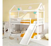 MODFU Lit Superposé 90x200 cm - Lit Enfant Modulable Avec Rangement et Toboggan, Bois Massif + MDF - Blanc