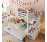 MODFU Lit superposé 90x200 cm - Lit Simple avec Échelle, Lit Gigogne et Rangement, Maisonnette Intégrée, Bois Massif et MDF, Sans Matelas - Blanc + Nature