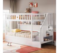 MODFU Lit Superposé 90x200 cm - Lit Simple Avec Escalier Intégré et Rangement, Design Moderne, Bois de Pin et MDF, Sans Matelas, Blanc