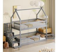 MODFU Lit superposé 90x200 cm - Lit Superposé avec Rangement et Échelle de Sécurité, Lit Enfant avec Toit et Garde-Corps, Sans Matelas, Bois Massif Gris