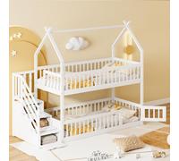 MODFU Lit superposé 90x200 cm - Lit Superposé avec Rangement et Échelle de Sécurité, Lit Enfant avec Toit et Garde-Corps, Sans Matelas, Bois Massif Blanc