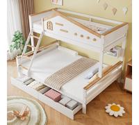 MODFU Lit Superposé 90x200 Et 140x200 cm - Lit Enfant Avec Escalier À 4 Niveaux, Fenêtre Et Tiroirs, Pin + MDF, Sans Matelas, Blanc+Naturel