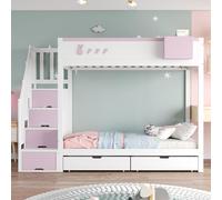MODFU Lit Superposé Bois 90x200 cm Enfant avec Tiroirs et Escalier de Rangement, Lit Ludique Sécurisé et Multifonction - Rose