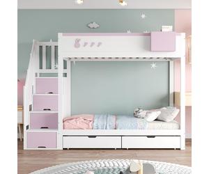 MODFU Lit Superposé Bois 90x200 cm Enfant avec Tiroirs et Escalier de Rangement, Lit Ludique Sécurisé et Multifonction - Rose