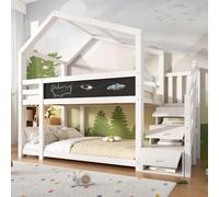 MODFU Lit Superposé Cabane Enfant 90x200 avec Lit Supplémentaire Escamotable et Rangement Astucieux, Bois Massif Robuste - Blanc - Sans Matelas