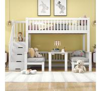 MODFU Lit Superposé Combiné 90x200/120x200 cm - Avec Escalier de Rangement, Bureau Pliable et Banquette - Sans Matelas - Bois Pin + MDF - Blanc