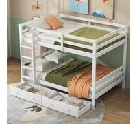 MODFU Lit Superposé Enfant 140×200 cm avec 2 Tiroirs - Lit Double en Bois de Pin et MDF - Sécurité Renforcée avec Garde-Corps - Sans Matelas - Blanc