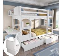 MODFU Lit Superposé Enfant 90×200 cm avec Bureau Escamotable et Tiroirs de Rangement - Bois Massif - Sans Matelas - Blanc