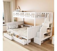MODFU Lit Superposé Enfant 90x200 avec Échelle Réversible et Coffres de Rangement, Structure Bois Massif Stable - Blanc - Sans Matelas