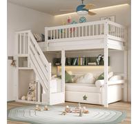 MODFU Lit Superposé Enfant 90x200 avec Escalier Intégré et Tiroirs de Rangement, Gain d’Espace et Structure Robuste, Bois Massif - Blanc - Sans Matelas
