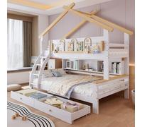 MODFU Lit Superposé Enfant 90x200 cm avec Escalier et Tiroirs - Lit Cabane en Bois Massif avec Barrières de Sécurité - Blanc