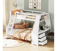 MODFU Lit Superposé Enfant 90x200 cm et 140x200 cm - Avec Grand Bureau et Rangements, Pin Massif et MDF, Sans Matelas, Blanc