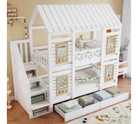 MODFU Lit Superposé Enfant 90x200 cm - Lit Cabane avec Échelle, Protection Anti-Chute, Fenêtres, Rangement, Blanc et Naturel - Sans Matelas