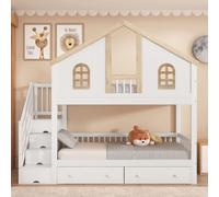 MODFU Lit Superposé Enfant 90x200 cm - Lit Cabane avec Fenêtre et Rangements - Échelle Inclinée - Sans Matelas - Pin + MDF - Blanc et Naturel