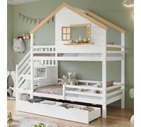 MODFU Lit Superposé Enfant 90x200 cm - Lit Cabane avec Fenêtres et Échelle, Rangement Sous le Lit, Structure en Pin et MDF - Blanc