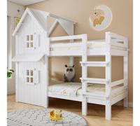 MODFU Lit Superposé Enfant 90x200 cm - Lit Cabane avec Fenêtres et Toit, Garde-Corps et Échelle, Structure en Bois, Blanc