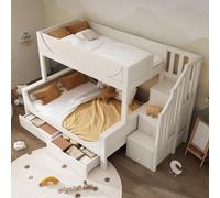 MODFU Lit Superposé Enfant 90x200 et 140x200 cm - Avec Échelle de Sécurité et Tiroirs Intégrés, Sans Matelas - Bois Massif MDF, Blanc
