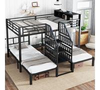 MODFU Lit Superposé Métal 3 Places 90x200 et 140x200 cm - Avec Escalier Sécurisé - Lit Enfant ou Ado Résistant - Sans Matelas - Noir